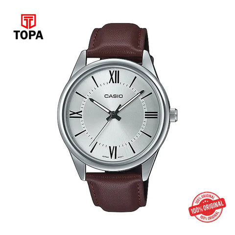Casio MTP-V005L-7B5 White Dial Brown Leather Strap Watch - Topa