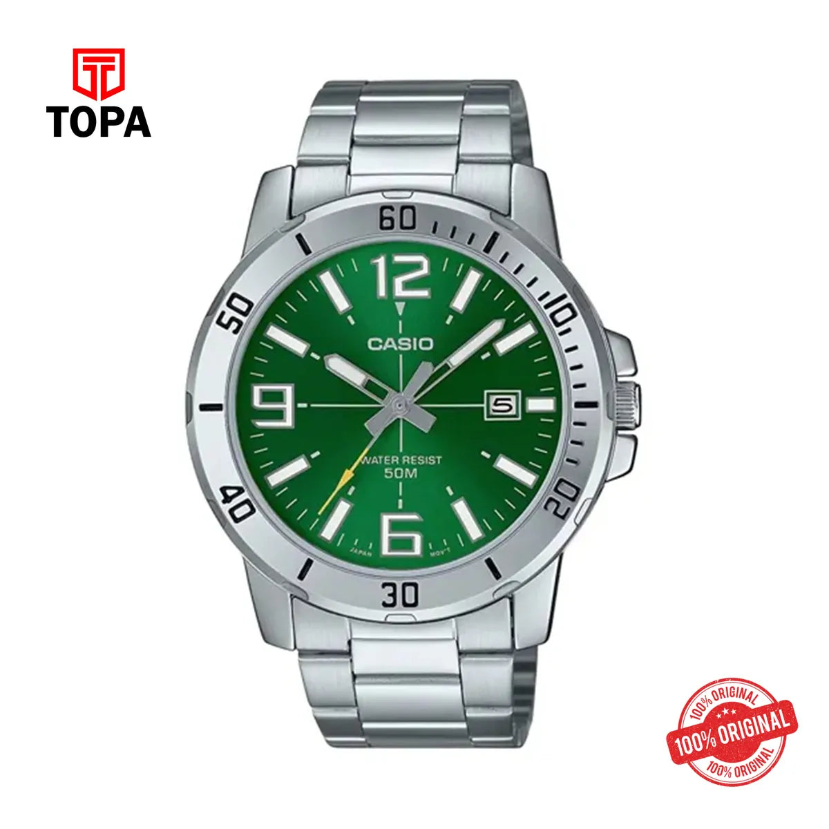 Casio MTP-VD01D-3B Green Dial Stainless Steel Watch - Topa