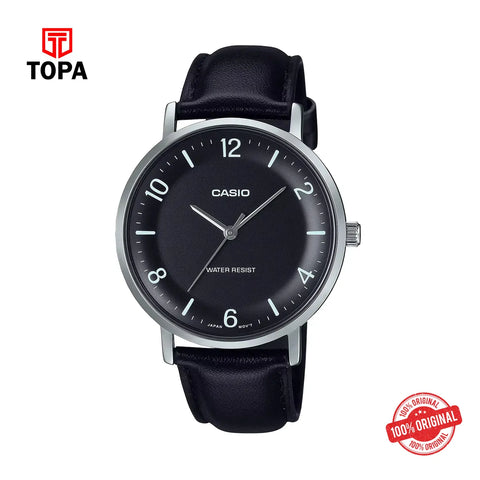 Casio MTP-VT03L-1B Minimalist Black Dial Leather Strap Watch - Topa