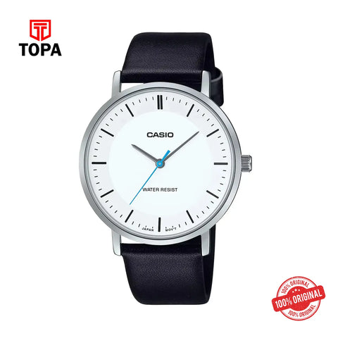 Casio MTP-VT04L-7E White Dial Black Leather Strap Minimal Watch - Topa