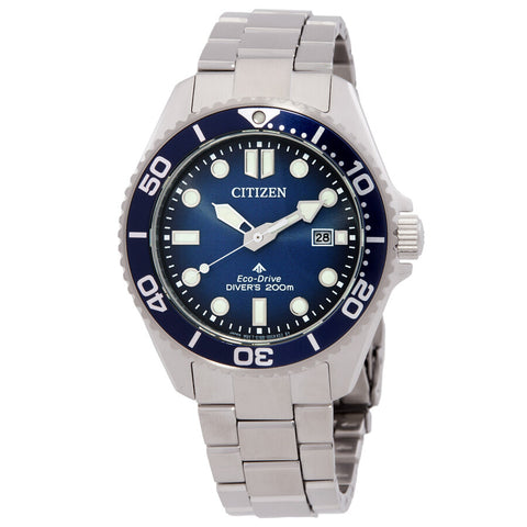 Citizen BN0260-54L men's Eco-Drive watch, blue dial, 41mm steel case, 200m water resistant.
