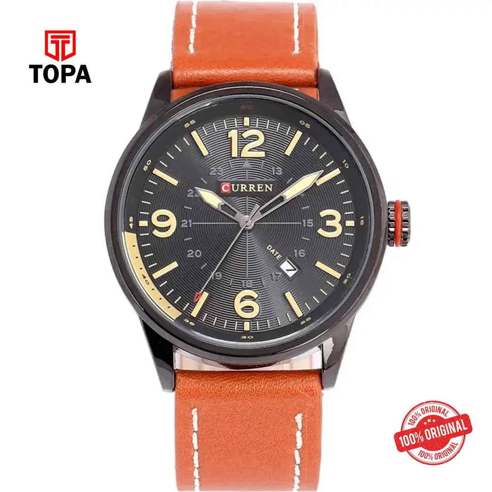 Curren 8215-BKBRN-BLK Leather Band Men Watch - Topa