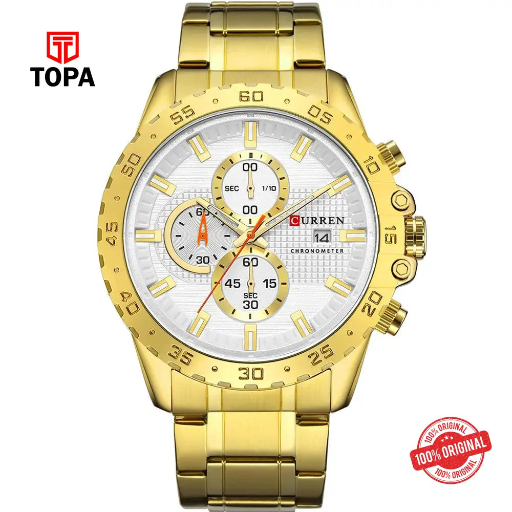Curren 8334-GLD-WHT Metal Band Men Watch - Topa