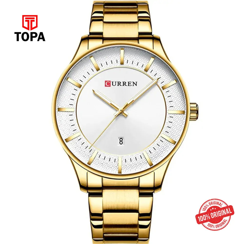 Curren 8347-GLD-WHT Metal Band Men Watch - Topa