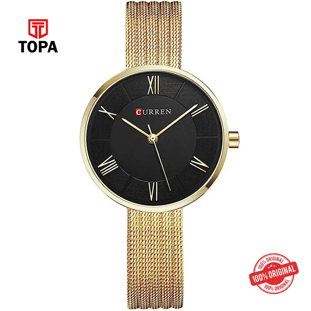 Curren 9020-GLD-BLK Mesh Band Women Watch - Topa