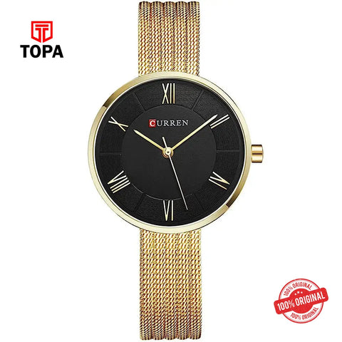 Curren 9020-GLD-BLK Mesh Band Women Watch - Topa