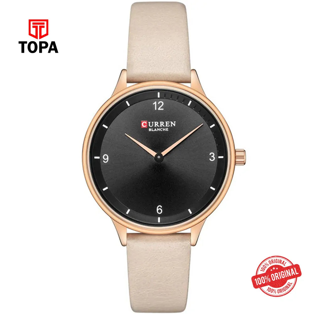 Curren 9039-RSCRM-BLK Leather Band Women Watch - Topa