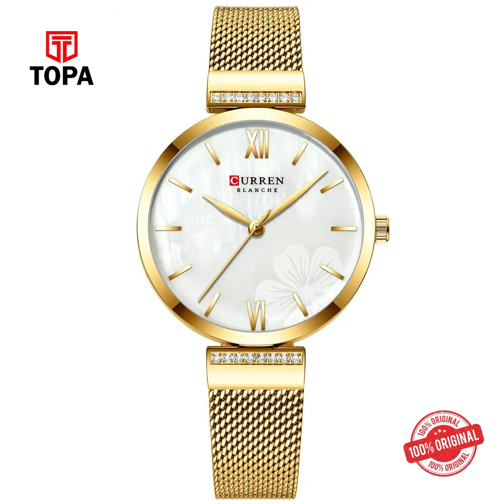 Curren 9067-GLD-WHT Mesh Chain Women Watch - Topa