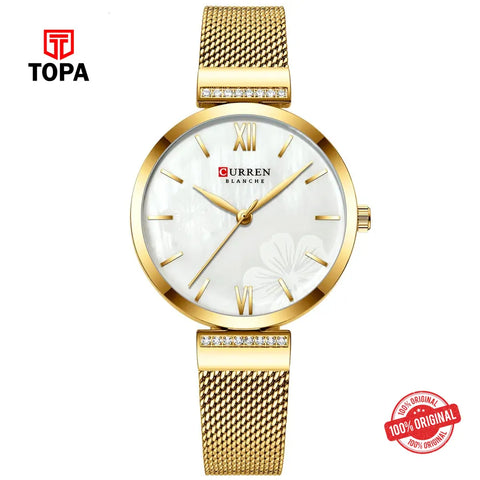 Curren 9067-GLD-WHT Mesh Chain Women Watch - Topa