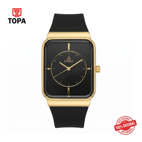 Fitron 9356M Black Dial Gold Tone Rubber Strap Watch - Topa
