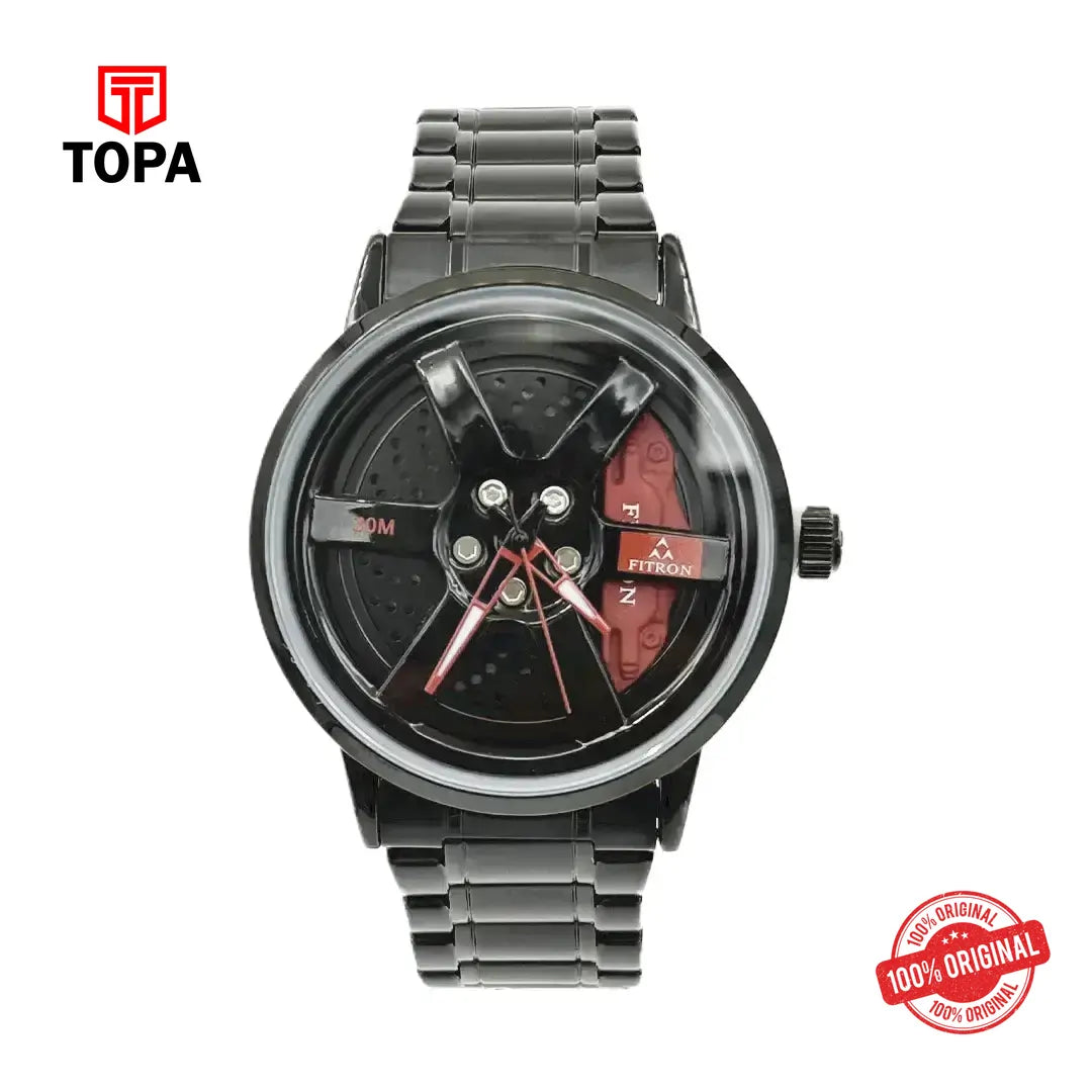 Fitron 9865M Men’s Analog Sports Watch – Black Steel with Red Accents - Topa
