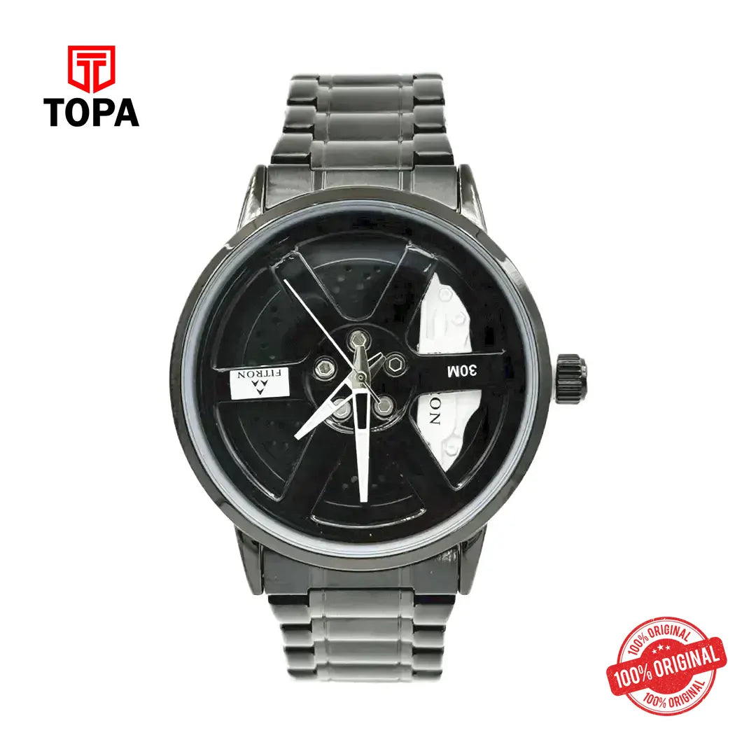 Fitron 9865M Men’s Analog Sports Watch – Black Steel with White Accents - Topa