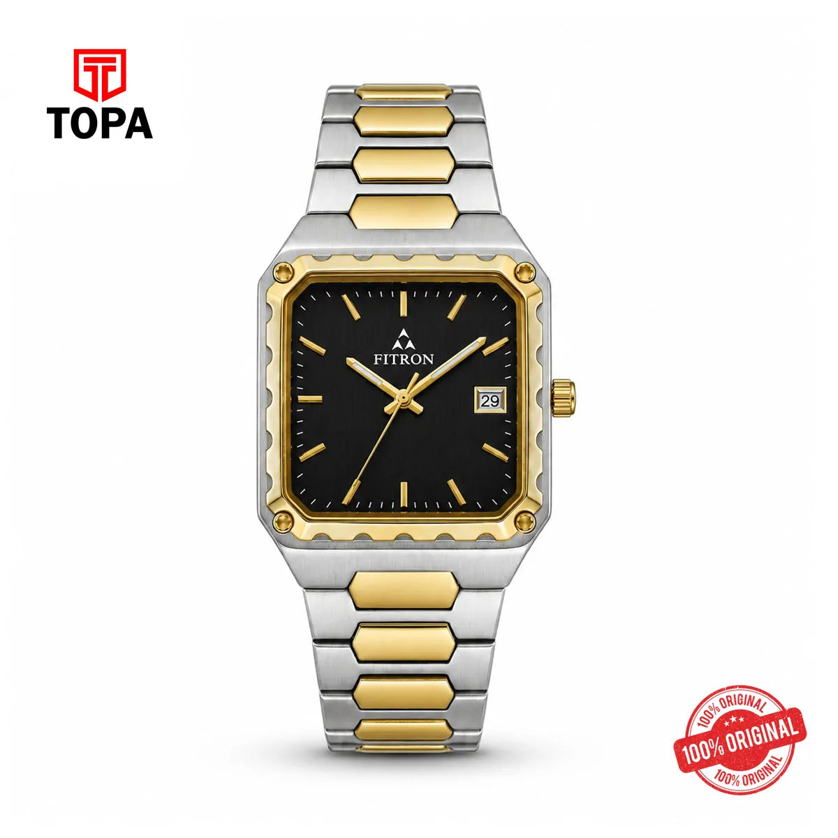 Fitron 9979M Black Dial Two Tone Stainless Steel Square Watch - Topa