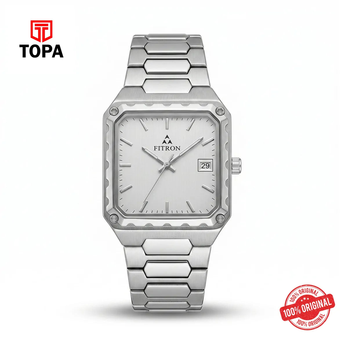 Fitron 9979M White Dial Stainless Steel Square Watch - Topa
