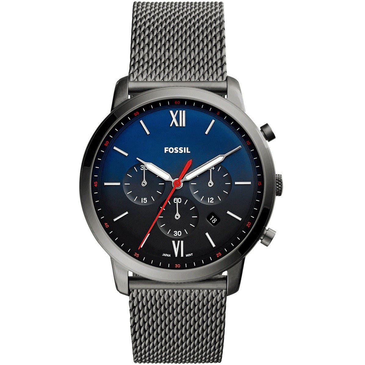 Fossil FS5383 Neutra men's quartz chronograph watch with stainless steel mesh strap and blue dial