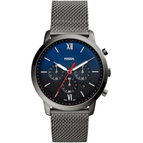 Fossil FS5383 Neutra men's quartz chronograph watch with stainless steel mesh strap and blue dial