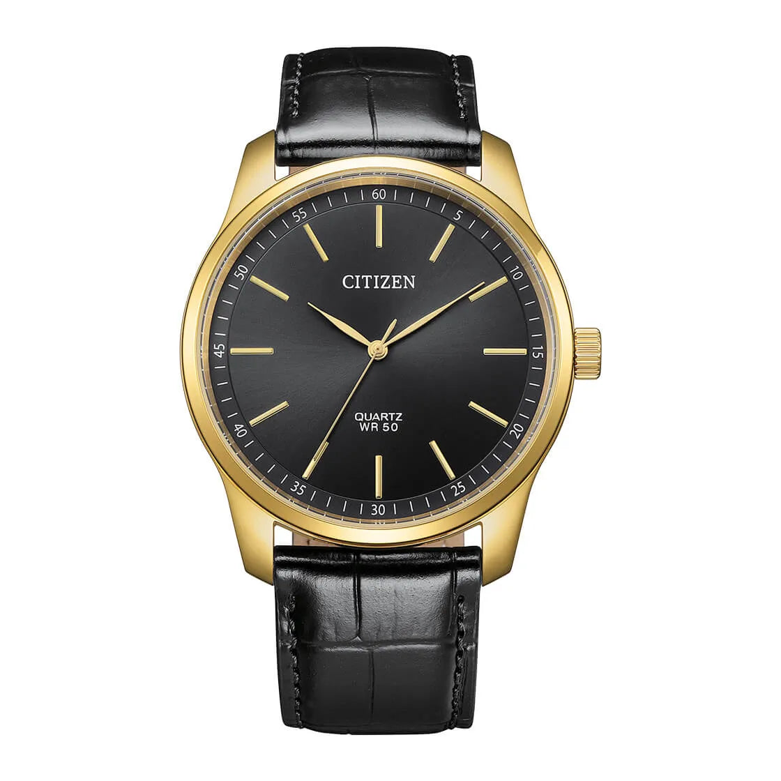 Citizen BH5002-02E black dial quartz watch with gold-tone case and leather strap
