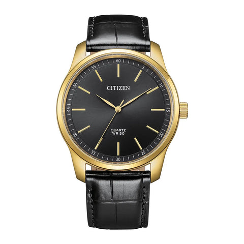 Citizen BH5002-02E black dial quartz watch with gold-tone case and leather strap
