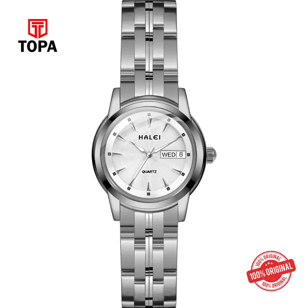 Halei 348L-CH-WHT Metal Band Women Watch - Topa
