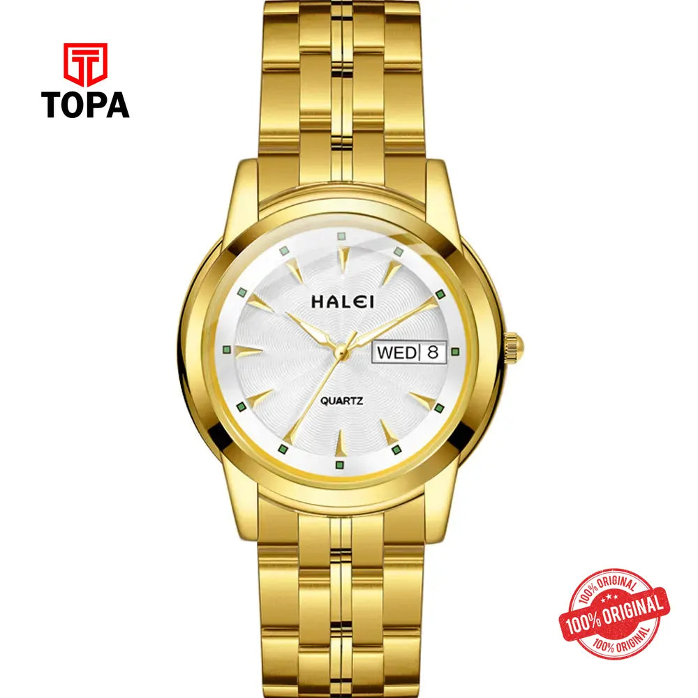 Halei 348M-GLD-WHT Metal Band Men Watch - Topa