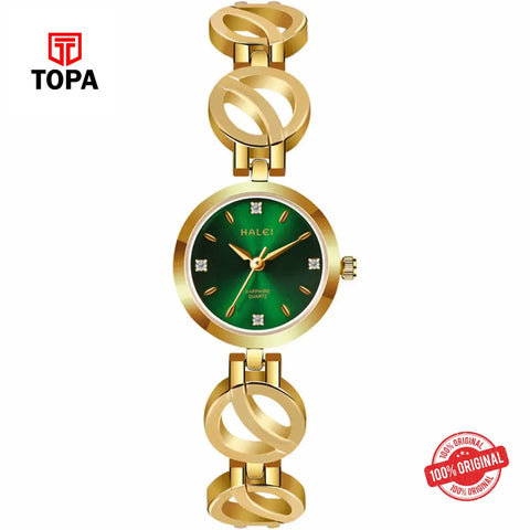 Halei 5004L-GLD-GRN Metal Band Women Watch - Topa