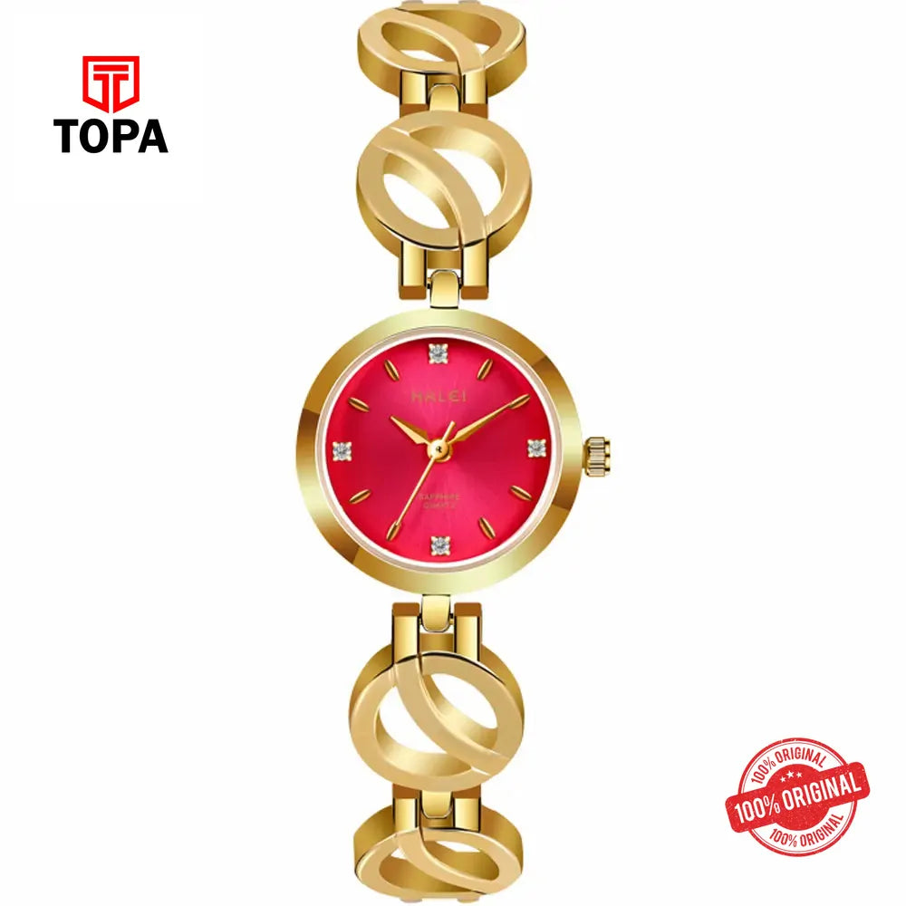 Halei 5004L-GLD-PNK Metal Band Women Watch - Topa