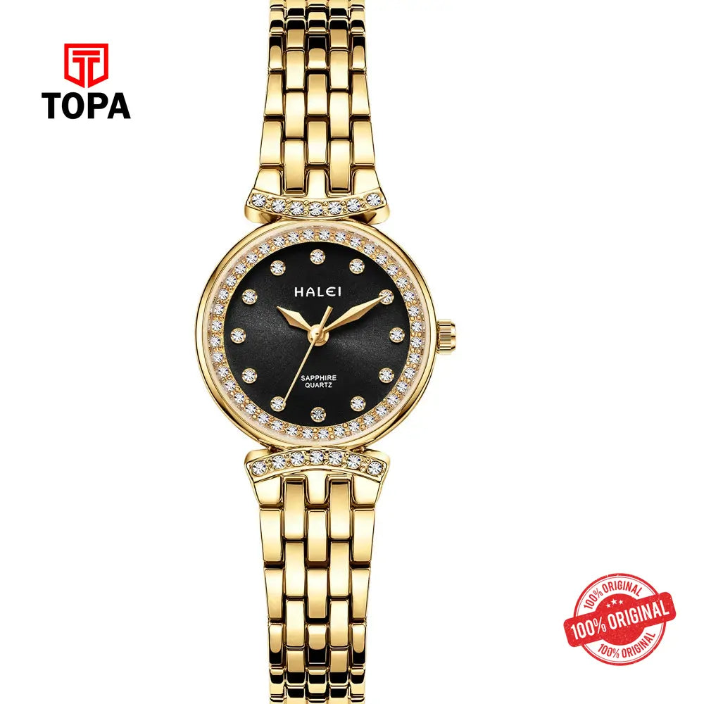 Halei 5011L-GLD-BLK Metal Band Women Watch - Topa