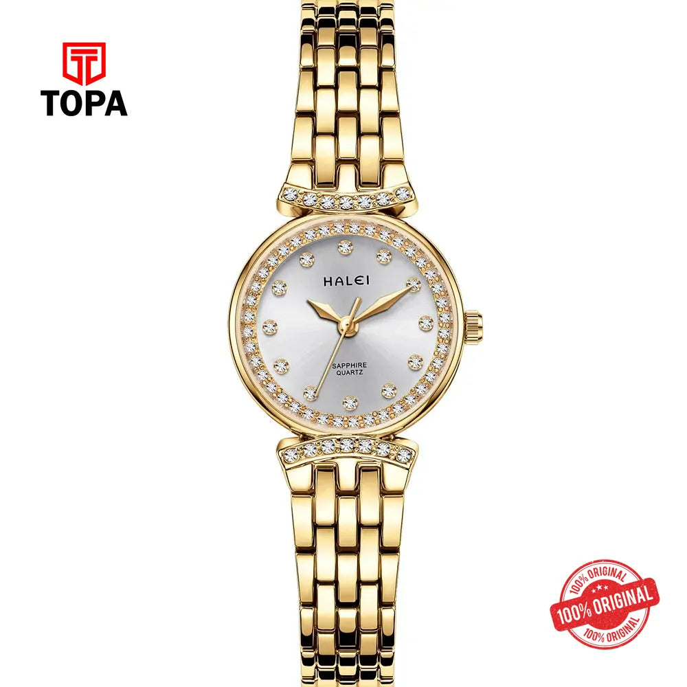 Halei 5011L-GLD-WHT Metal Band Women Watch - Topa