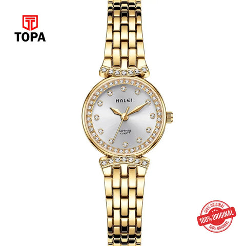 Halei 5011L-GLD-WHT Metal Band Women Watch - Topa