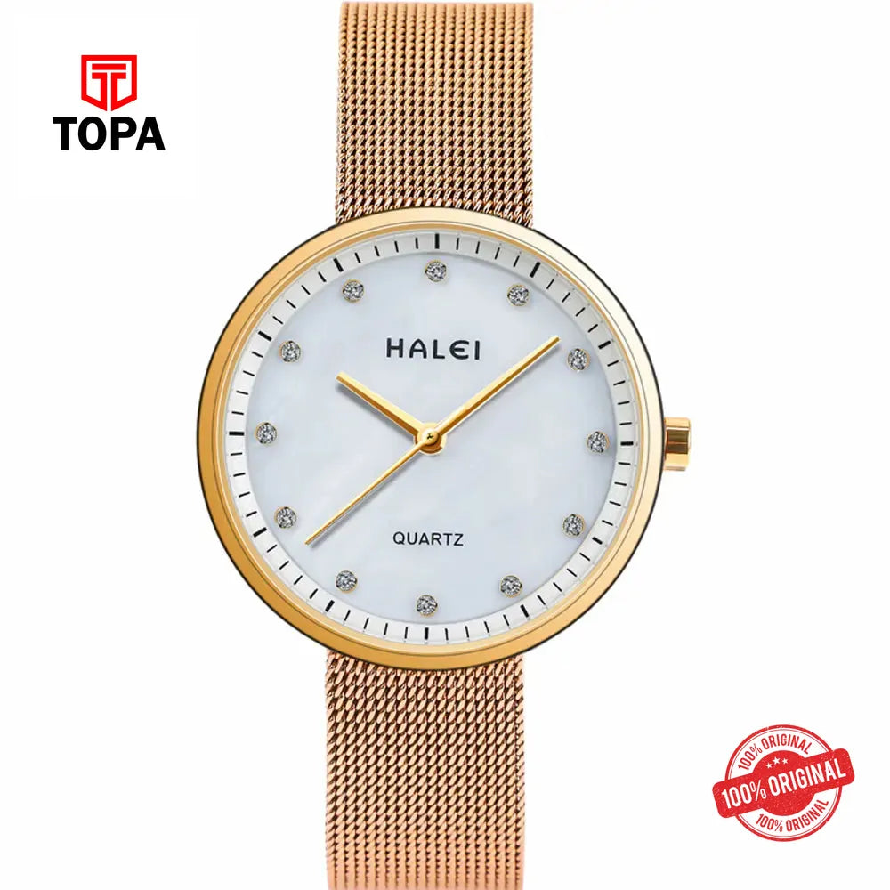 Halei 556L-GLD-WHT Mesh Band Women Watch - Topa