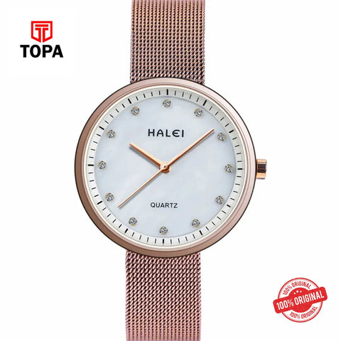 Halei 556L-RG-WHT Mesh Band Women Watch - Topa