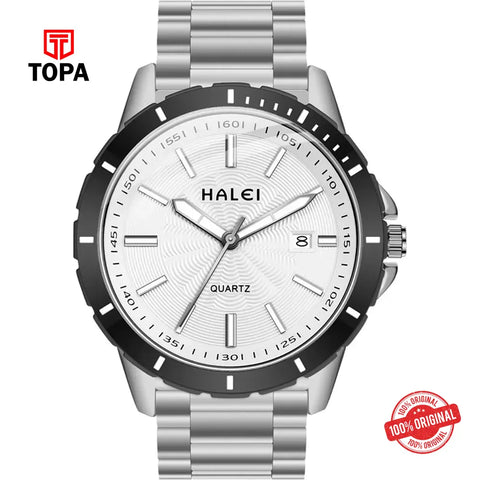 Halei 8033M-CH-WHT Metal Band Men Watch - Topa