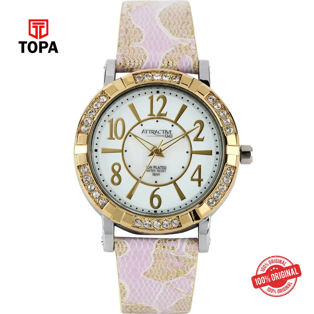 Q&Q DA59J124Y Attractive Leather Band Women Watch - Topa