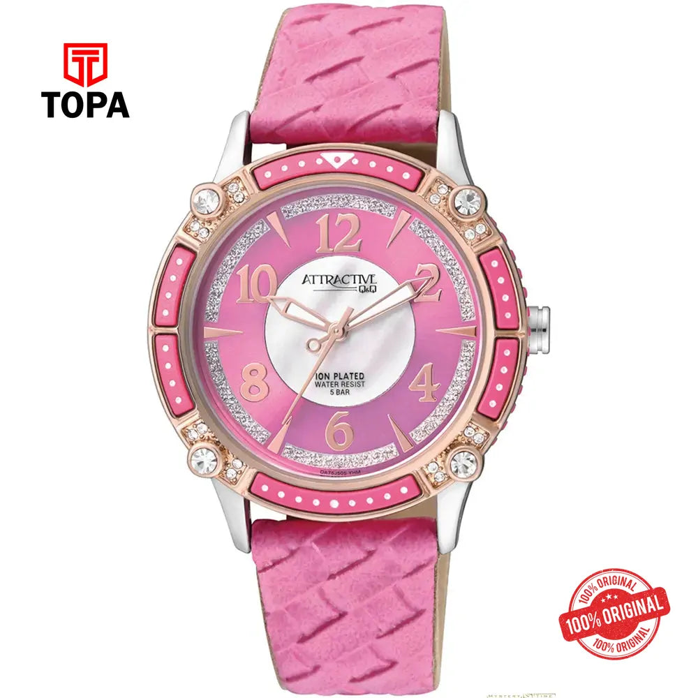 Q&Q DA75J505Y Attractive Leather Band Women Watch - Topa