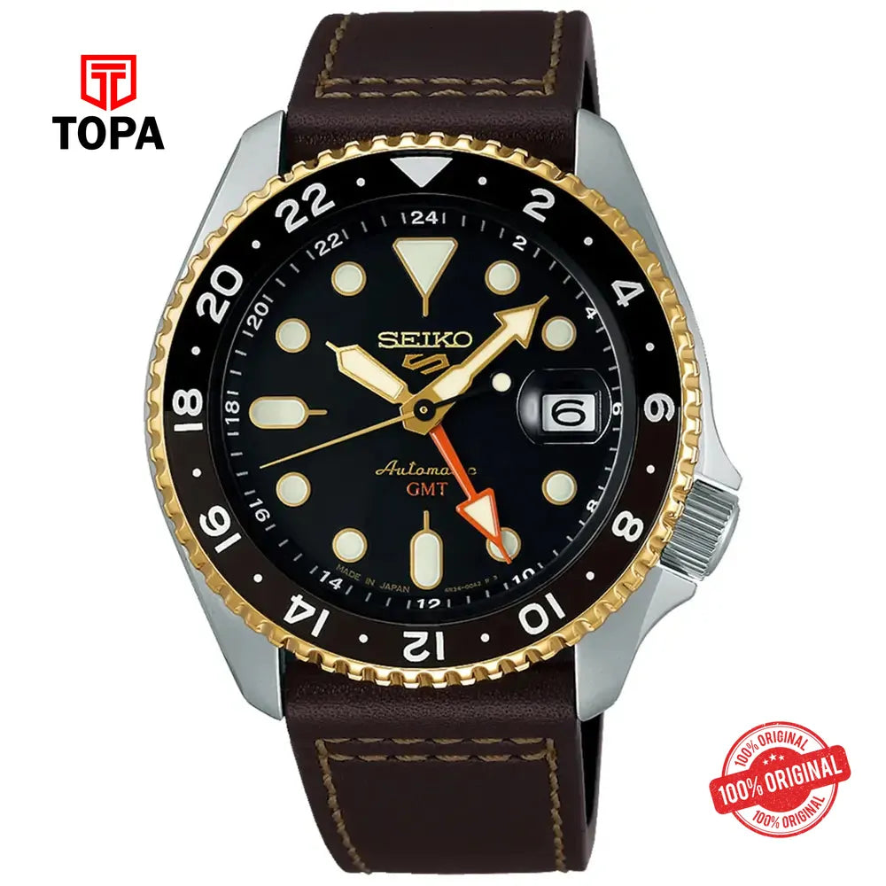Seiko 5 Sports SSK036K1 GMT Leather Band Men Watch - Topa