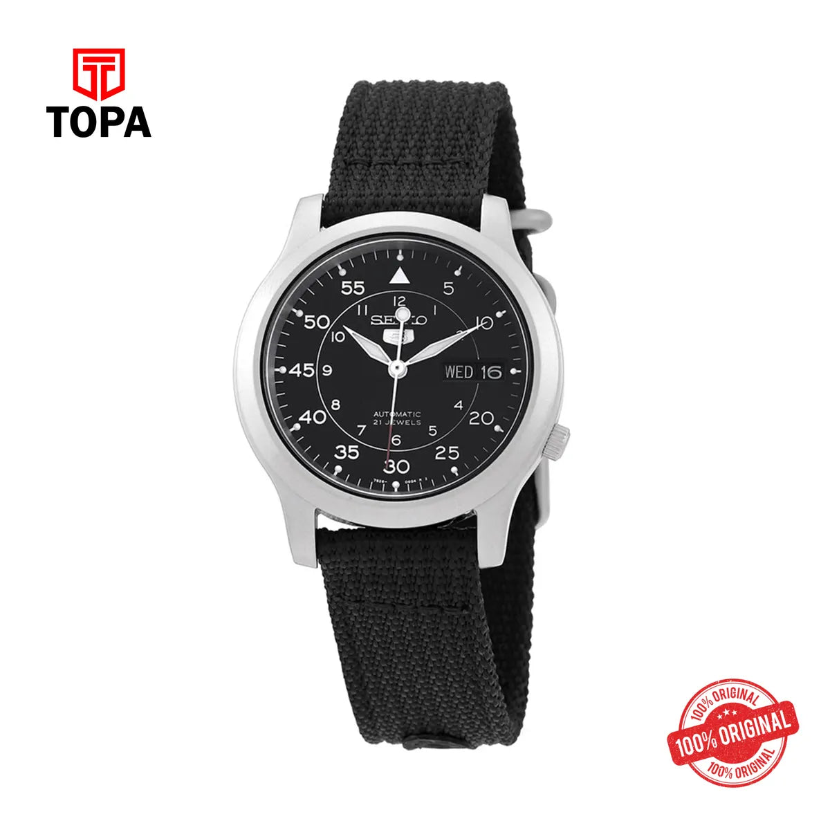 Seiko SNK809K2 Automatic Black Dial Canvas Strap Watch - Topa