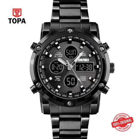 Skmei 1389-G-BLK Dual Time Metal Band Men Watch - Topa